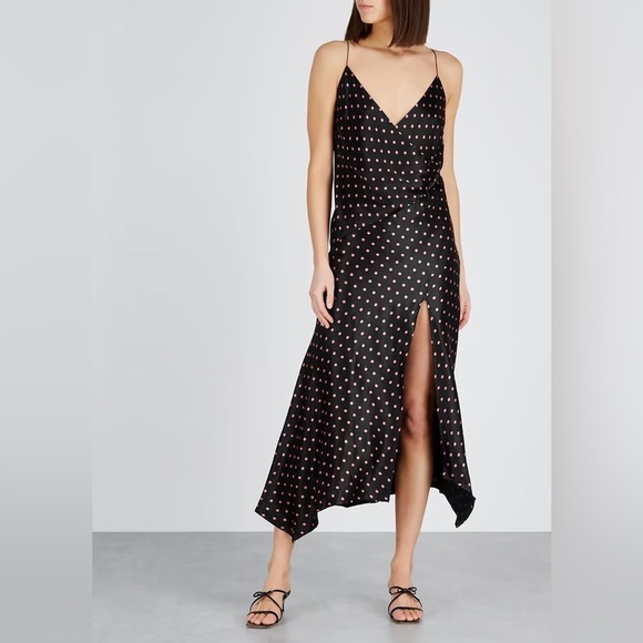 BEC & BRIDGE Kylie Polka-Dot Satin Midi Slip Black Dress 2 - Picture 1 of 9